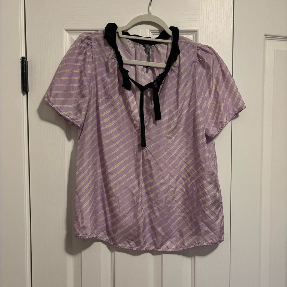Raquel Allegra Lilac Striped Tie-Neck Blouse with Black Trim